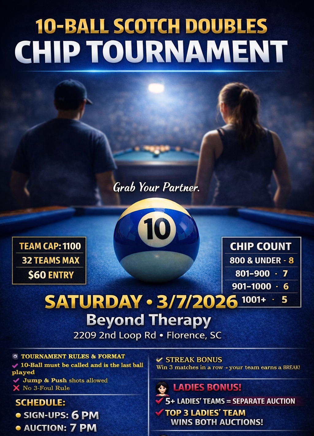 10-Ball Scotch Doubles Chip Tournament flyer