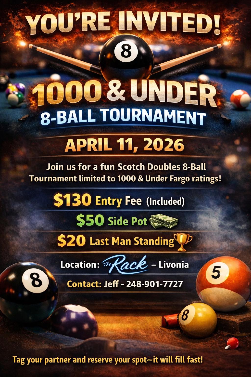 1000 & Under 8-Ball Tournament flyer