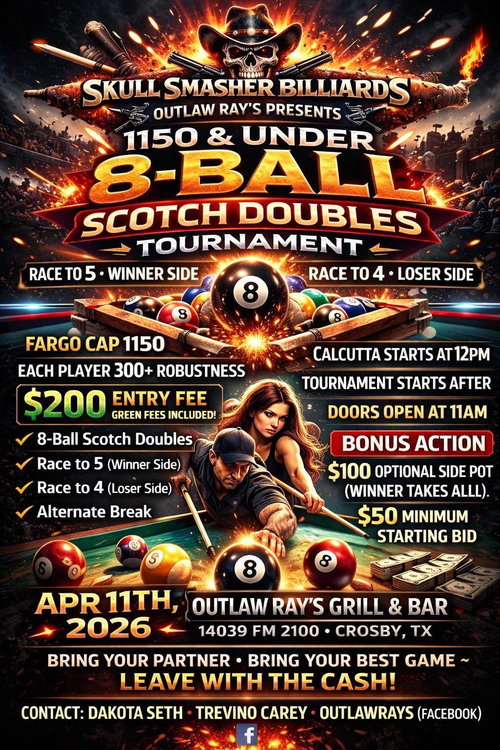 1150 & Under 8-Ball Scotch Doubles Tournament flyer