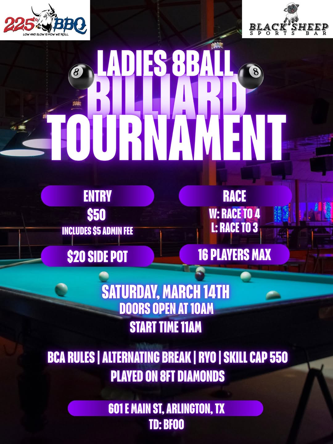 Ladies 8ball Billiard Tournament flyer