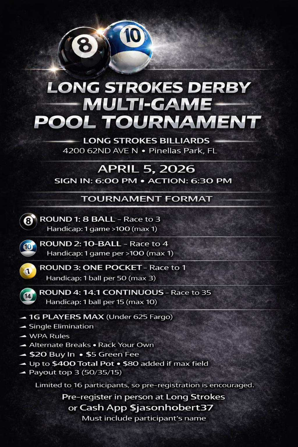 Long Strokes Derby Multi-Game Pool Tournament flyer