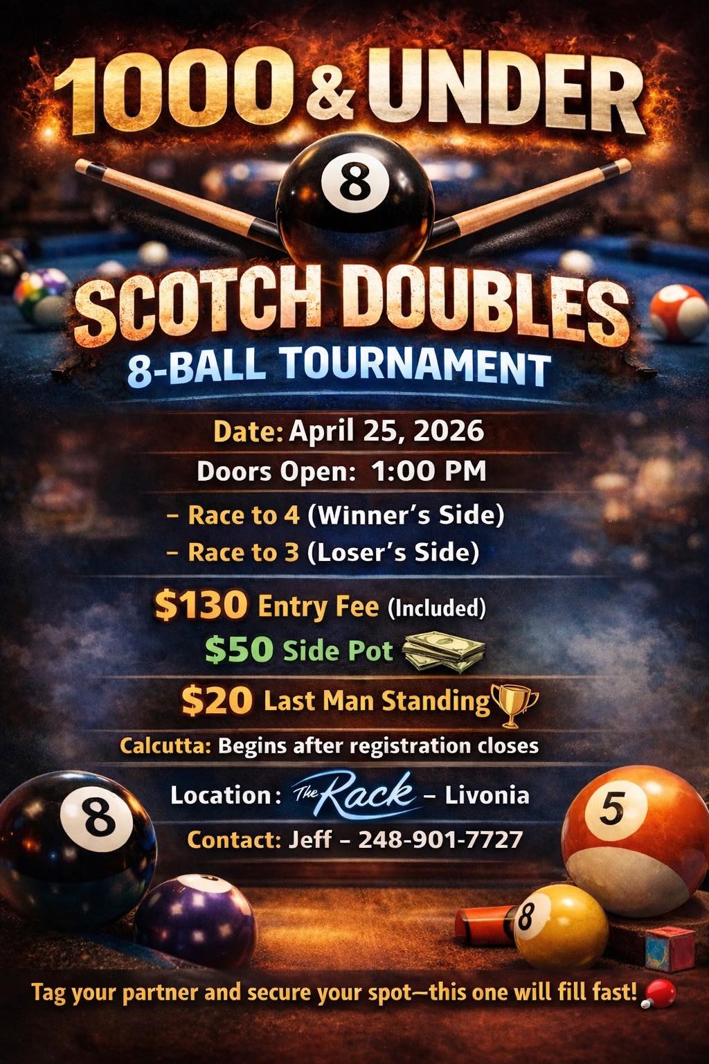 1000 & Under Scotch Doubles 8-Ball Tournament flyer