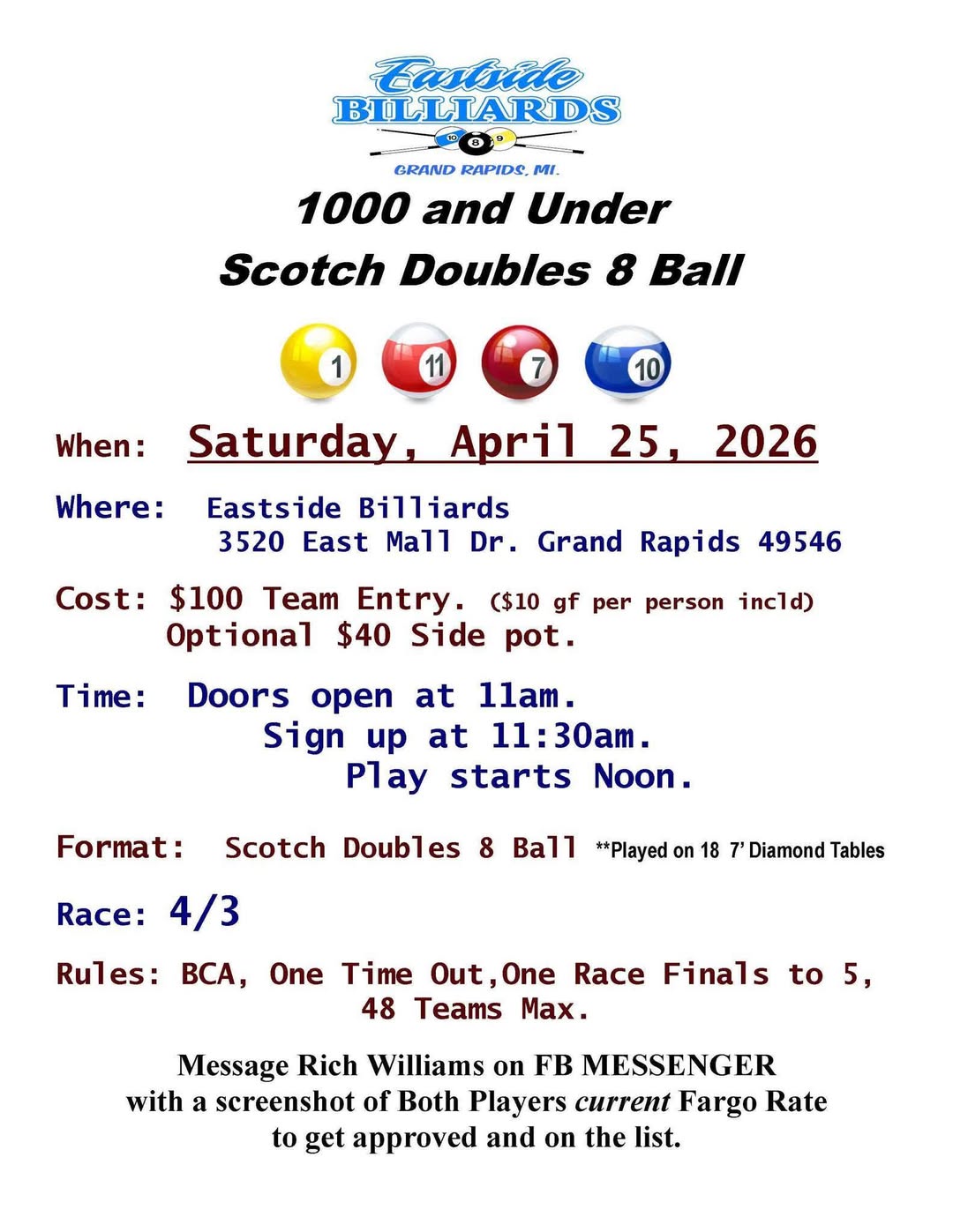 1000 and Under Scotch Doubles 8 Ball flyer