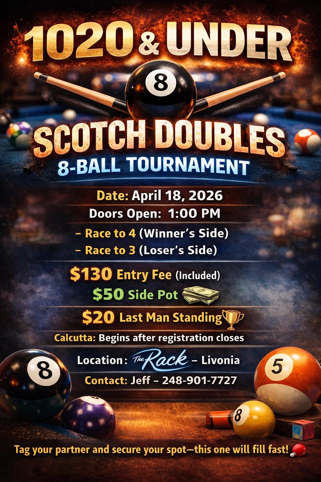 1020 & Under Scotch Doubles 8-Ball Tournament flyer