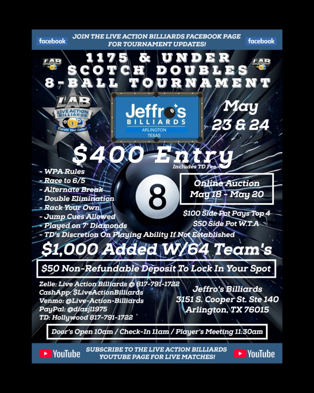 1175 & Under Scotch Doubles 8-Ball Tournament flyer