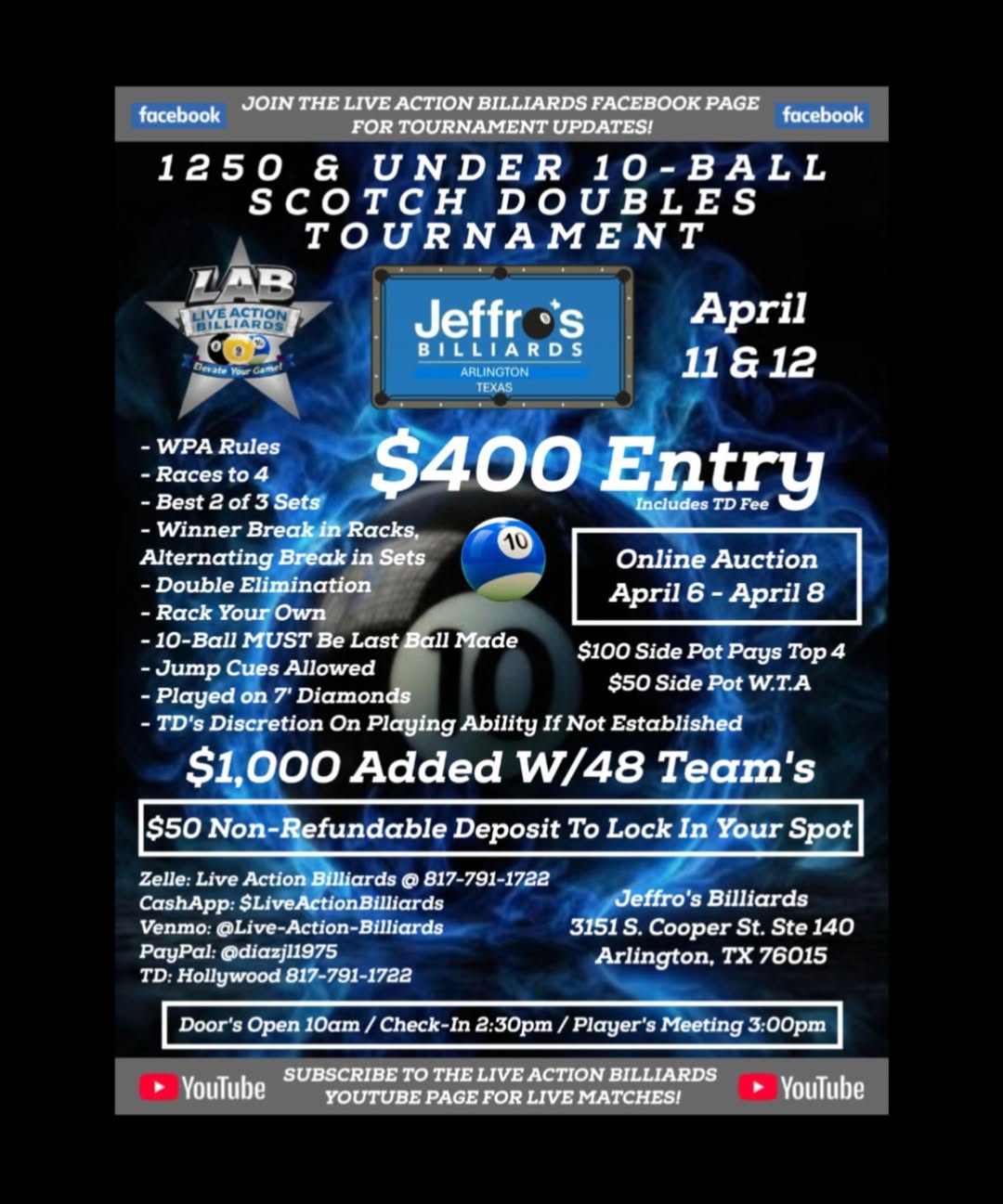 1250 & Under 10-Ball Scotch Doubles Tournament flyer