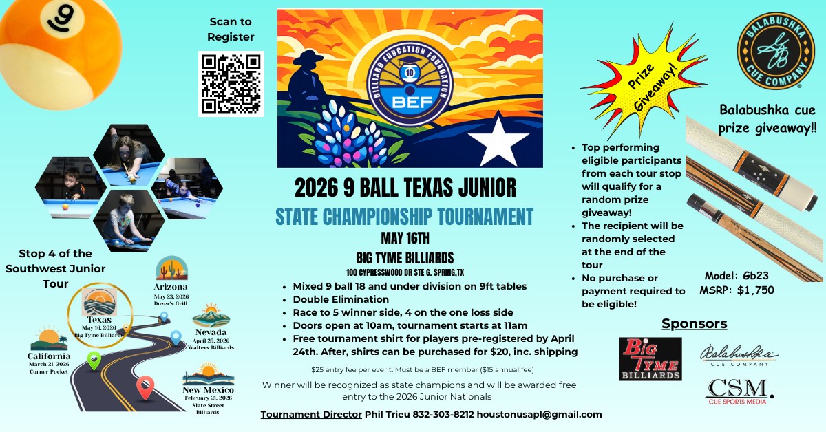 2026 9 Ball Texas Junior State Championship Tournament flyer