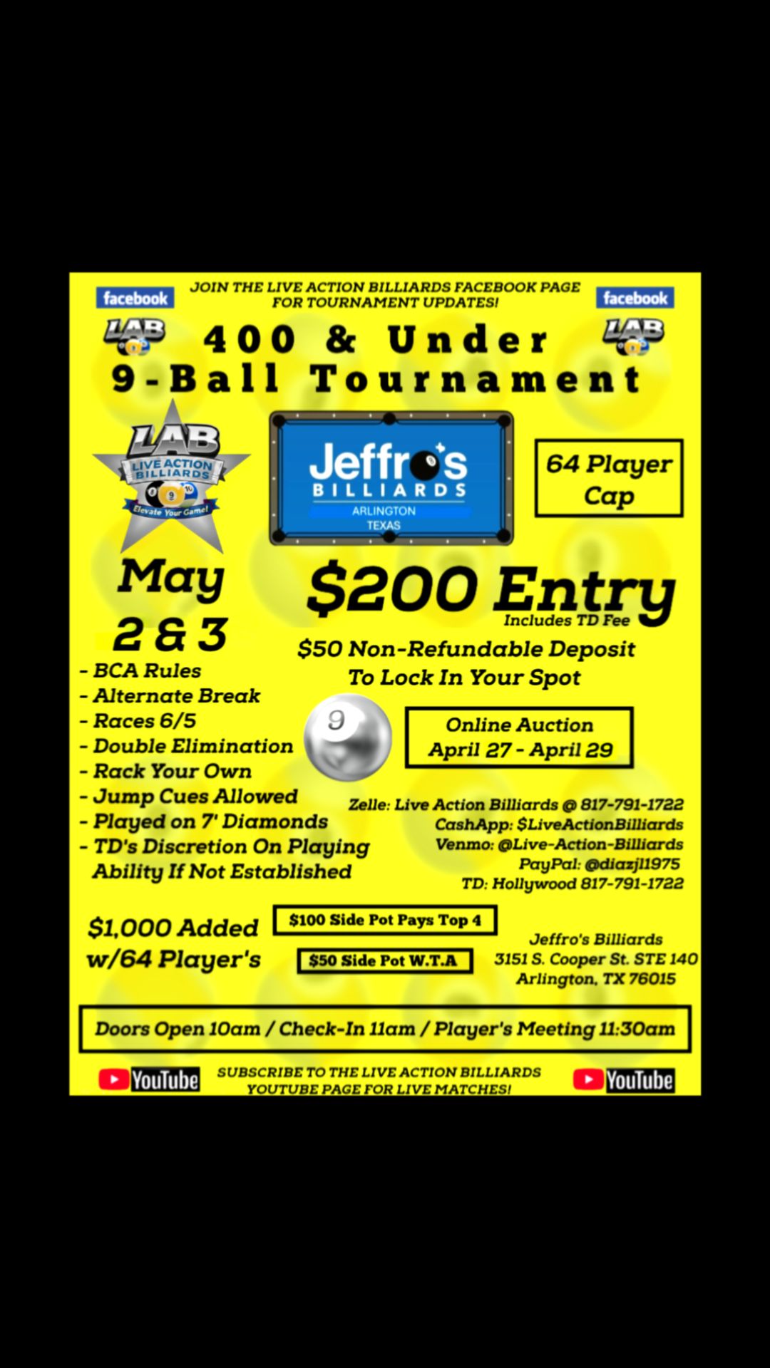 400 & Under 9-Ball Tournament flyer