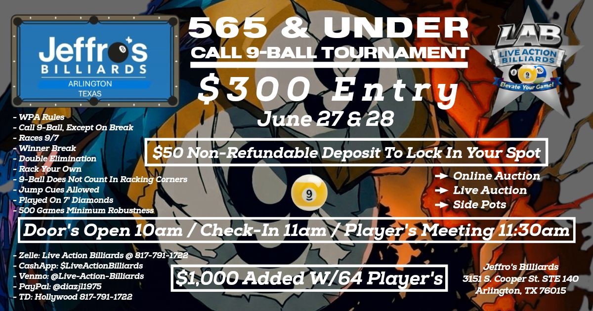 565 & Under Call 9-Ball Tournament flyer