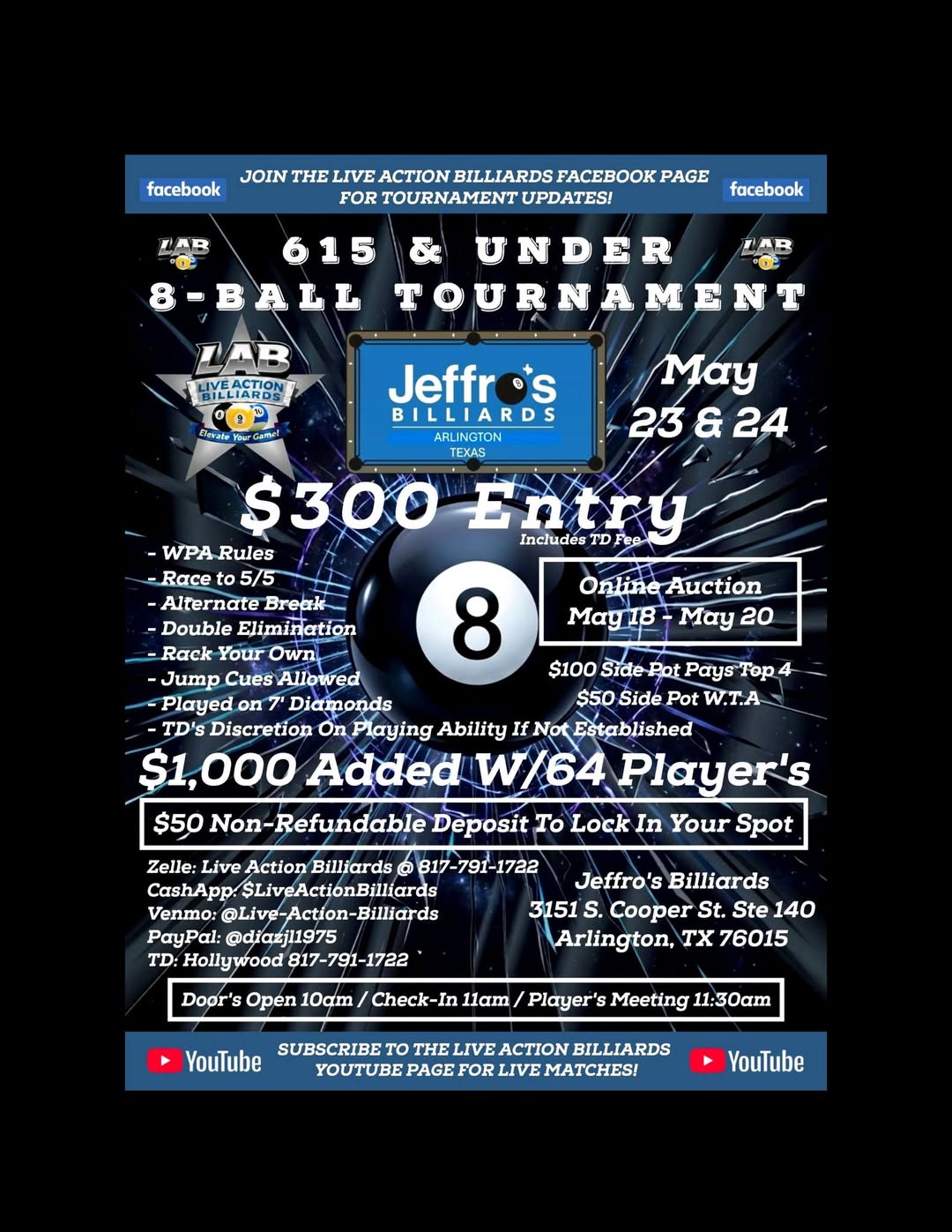 615 & Under 8-Ball Tournament flyer