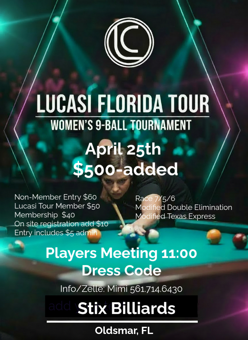 Lucasi Florida Tour Women's 9-Ball Tournament flyer