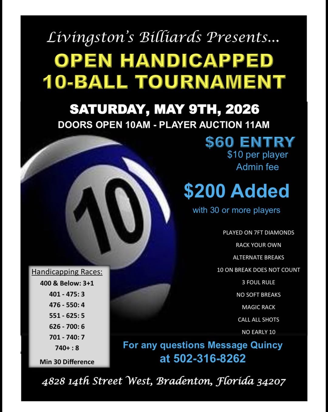 Open Handicapped 10-Ball Tournament flyer