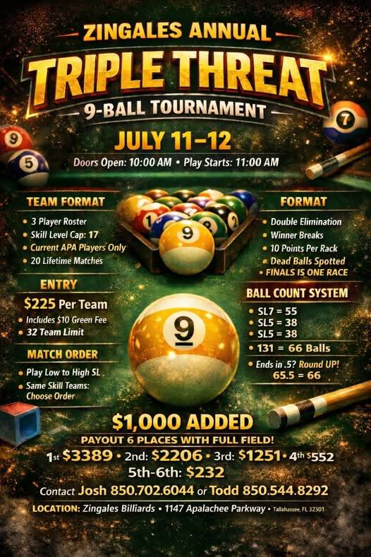 Zingales Annual Triple Threat 9-Ball Tournament flyer