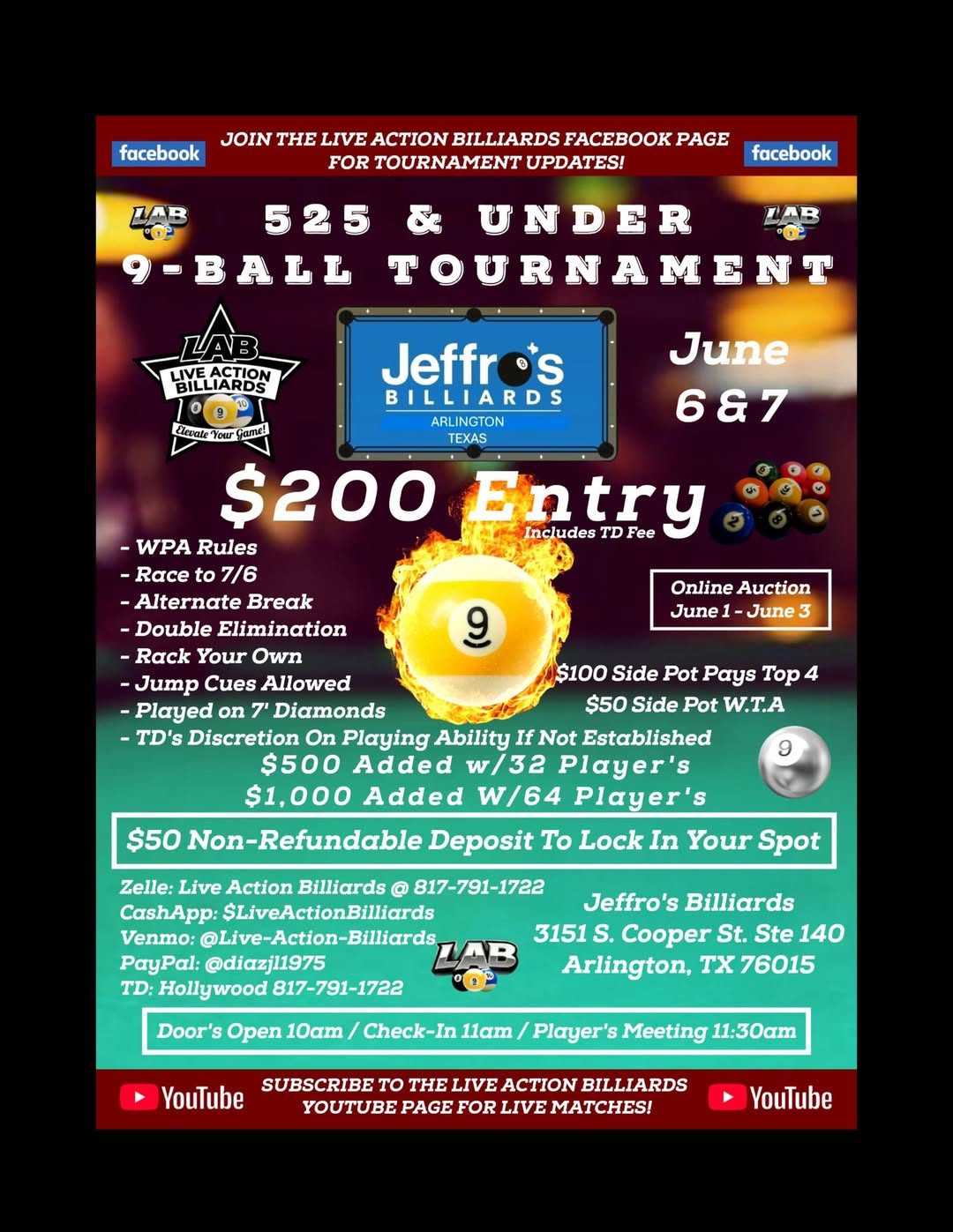 525 & Under 9-Ball Tournament flyer