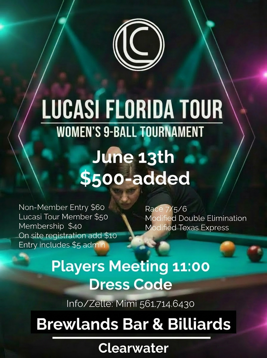 Lucasi Florida Tour Women's 9-Ball Tournament flyer