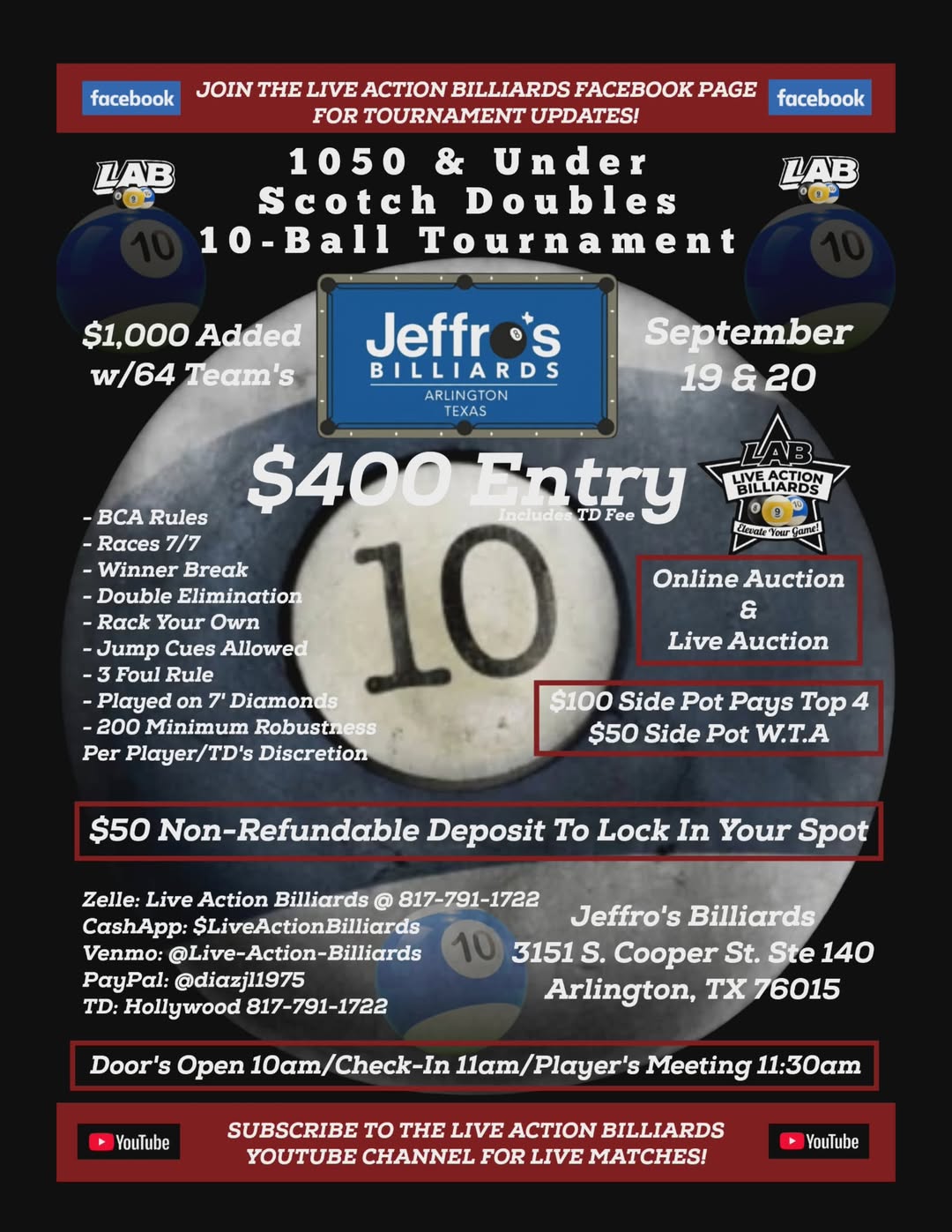 1050 & Under Scotch Doubles 10-Ball Tournament flyer