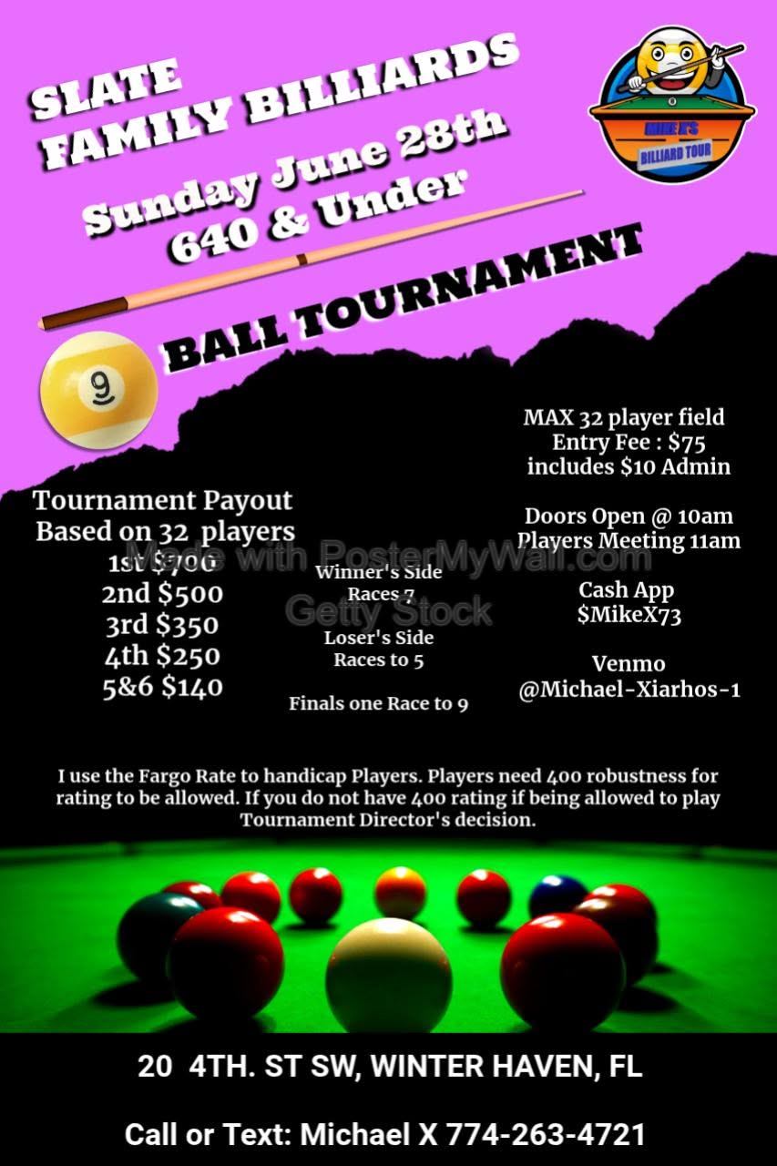 640 & Under 9 Ball Tournament flyer