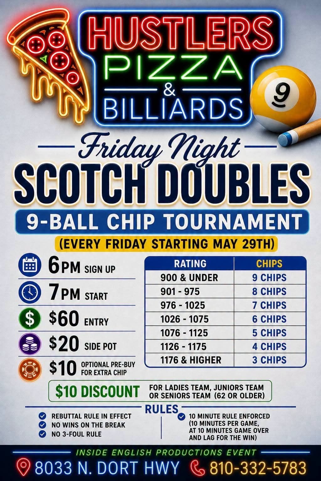 Friday Night Scotch Doubles 9-Ball Chip Tournament flyer