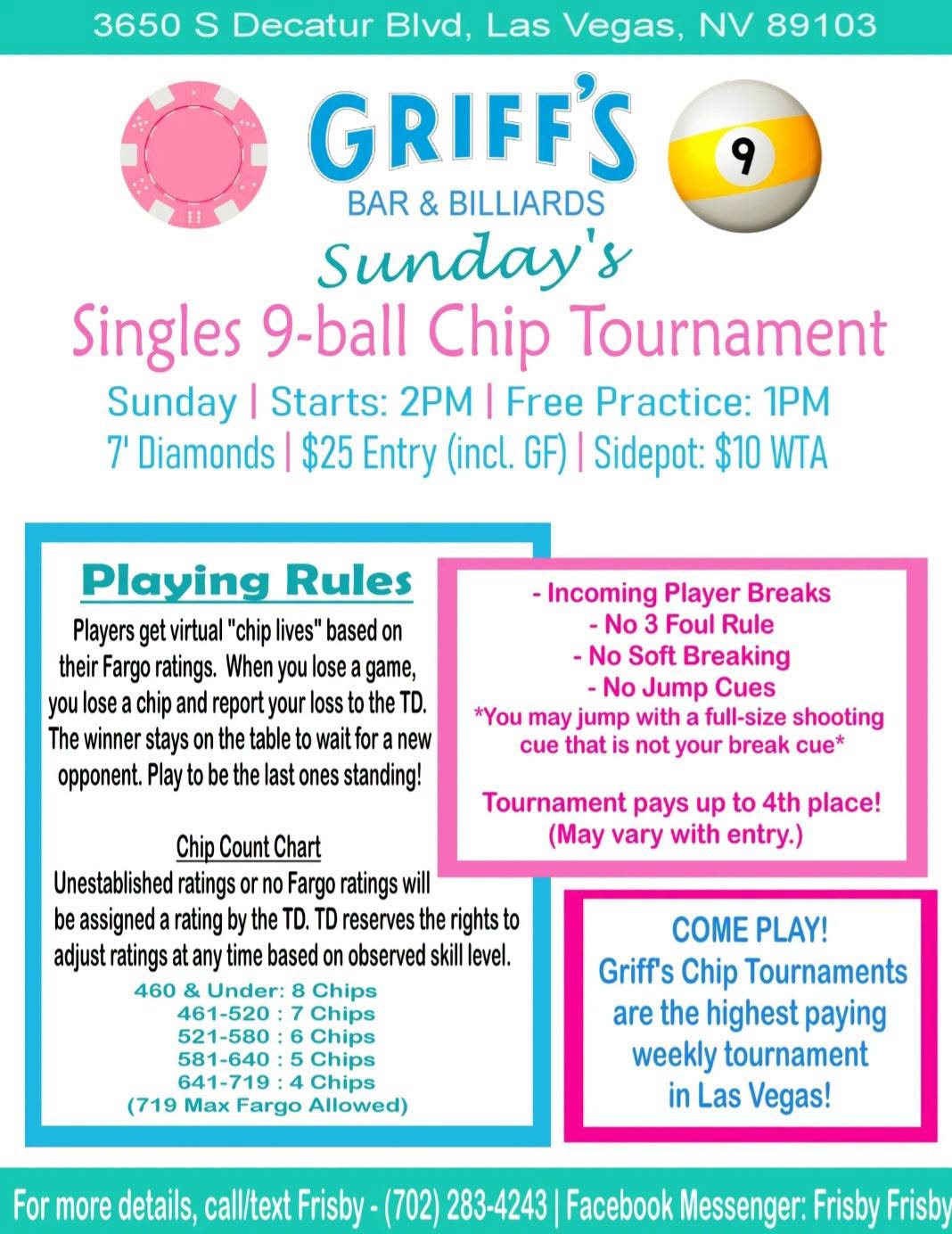 Sunday's Singles 9-Ball Chip Tournament flyer