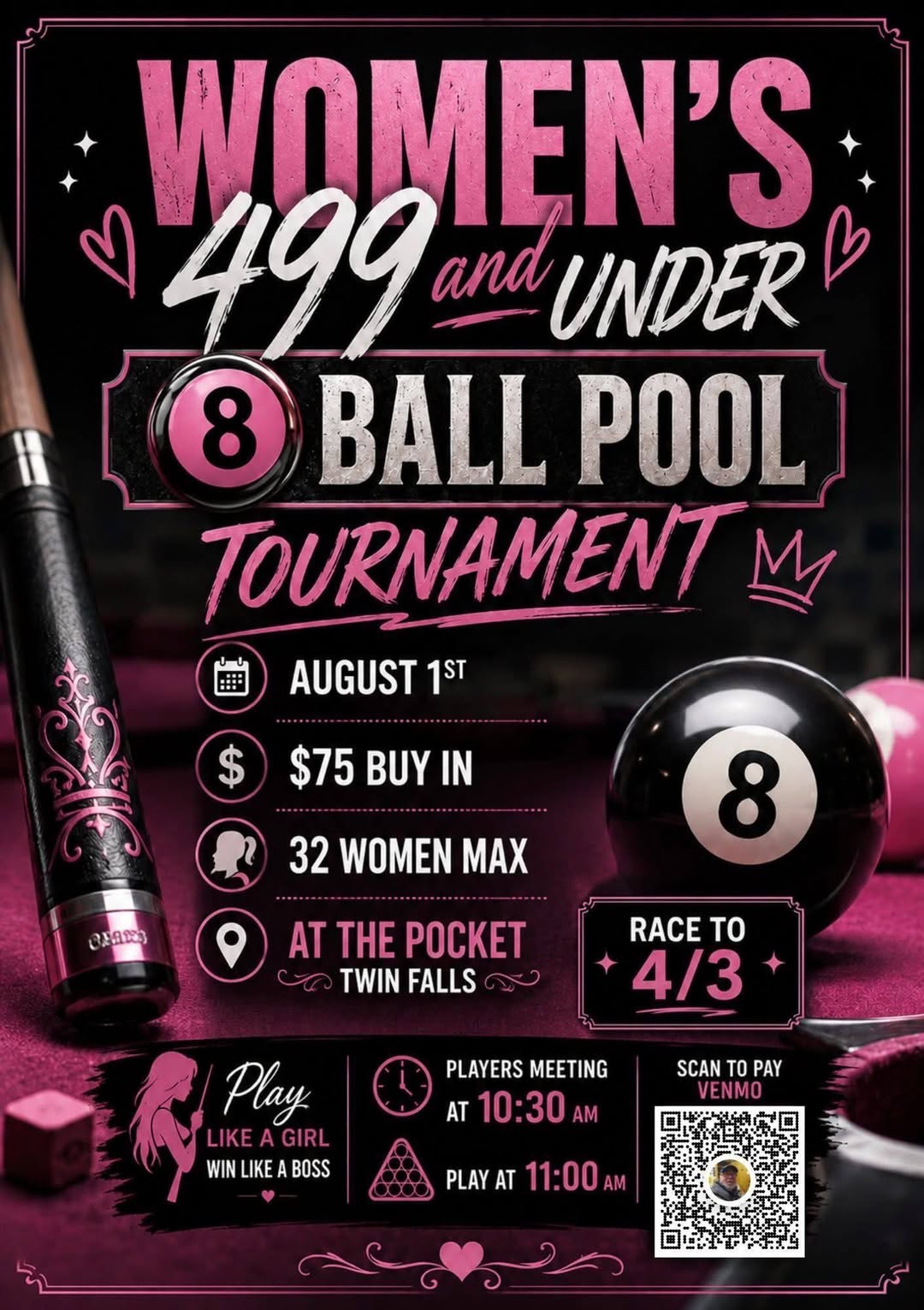 Women's 499 And Under 8 Ball Pool Tournament flyer