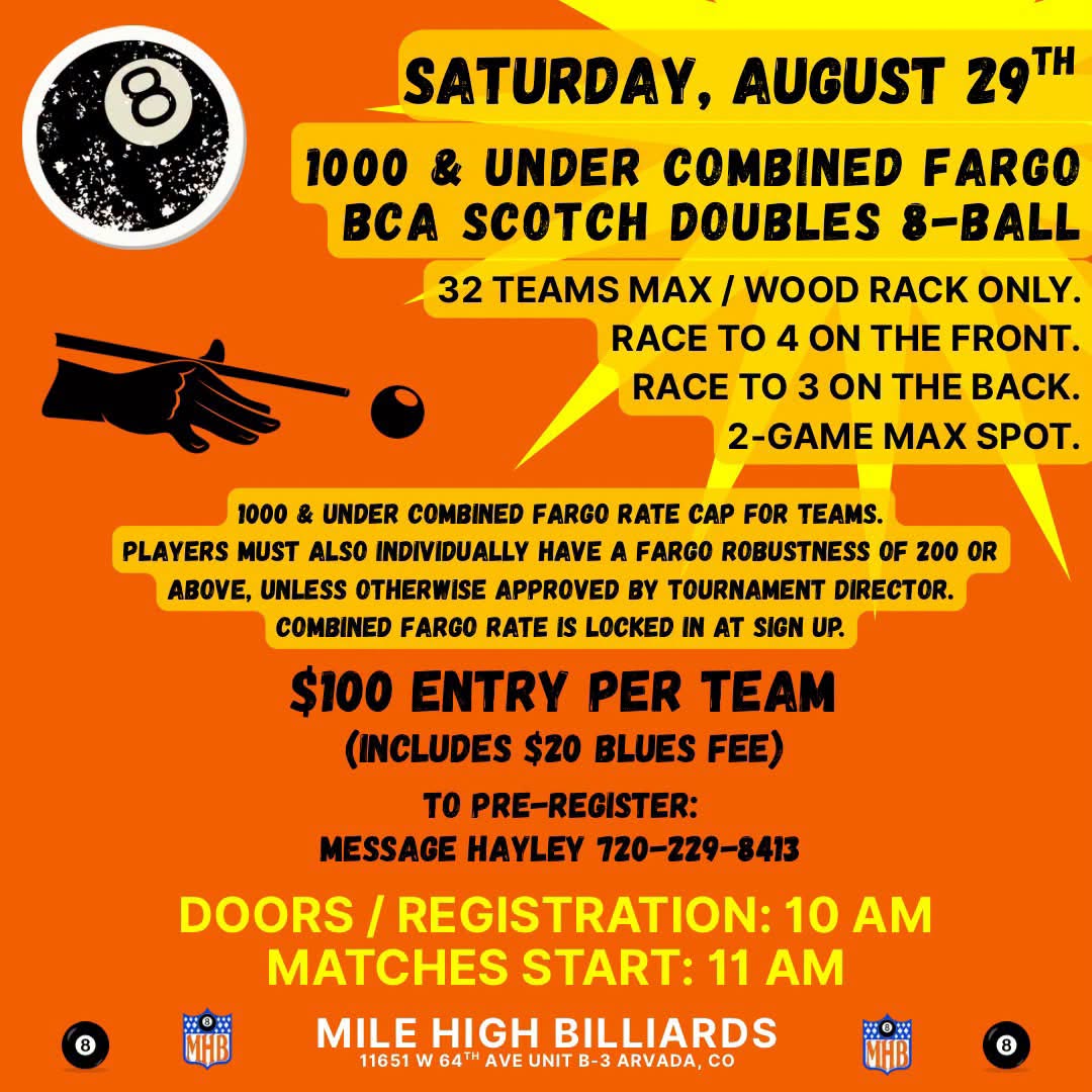 1000 & Under Combined Fargo BCA Scotch Doubles 8-Ball flyer