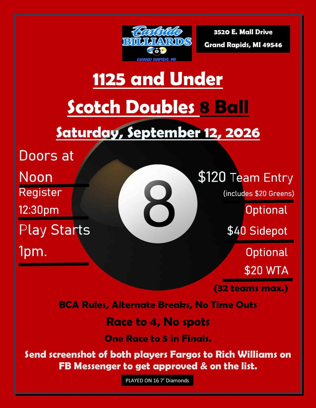 1125 and Under Scotch Doubles 8 Ball flyer