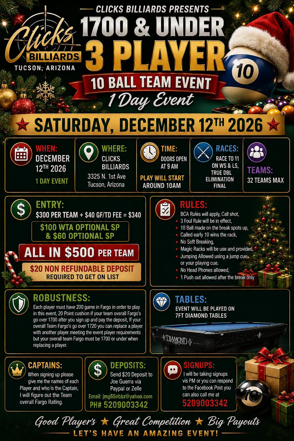 1700 & Under 3 Player 10 Ball Team Event flyer