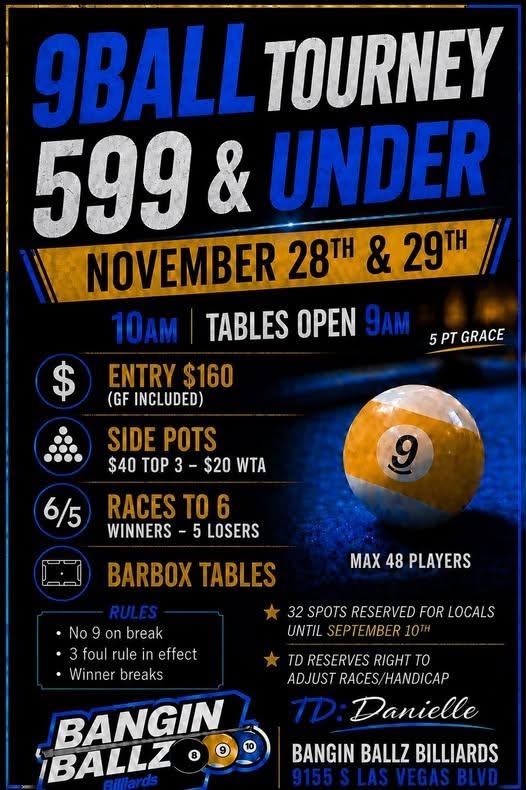9 Ball Tourney 599 & Under flyer