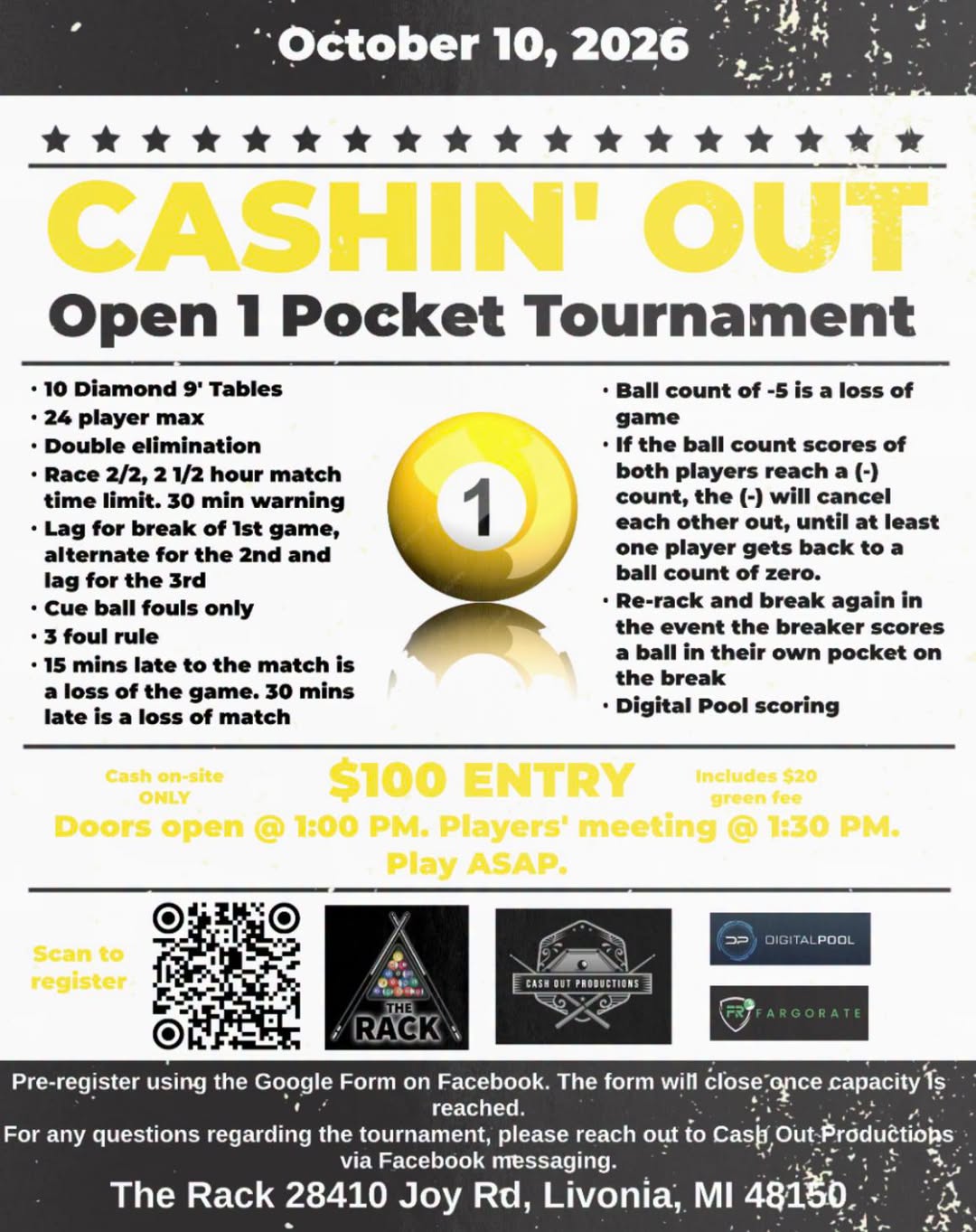 Cashin' Out Open 1 Pocket Tournament flyer