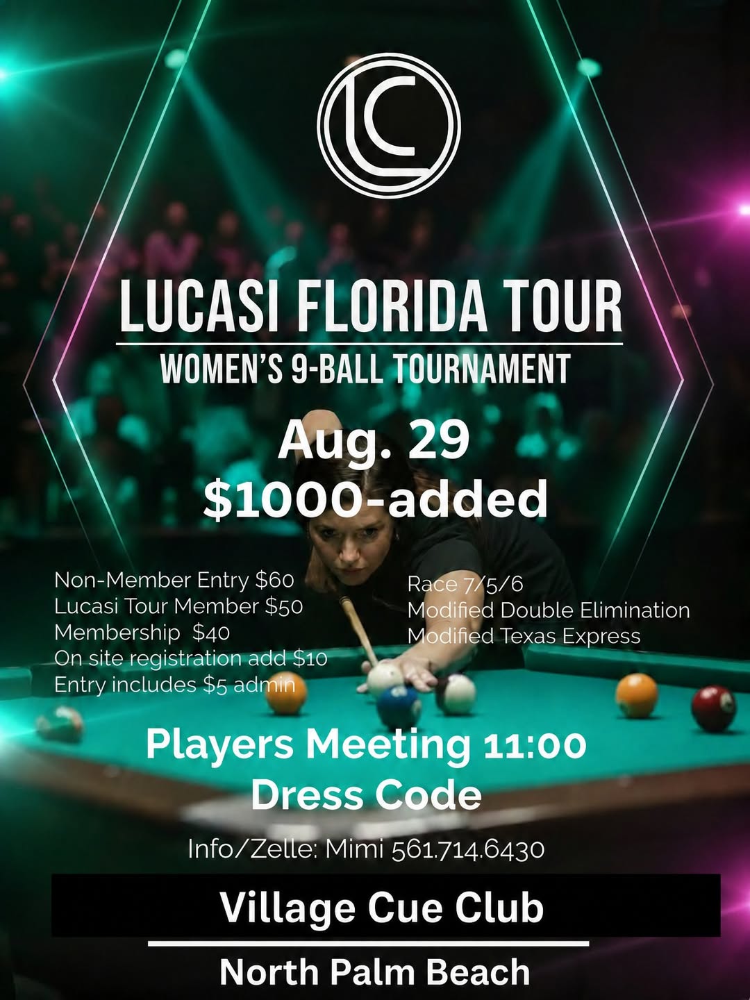 Lucasi Florida Tour Women’s 9-Ball Tournament flyer