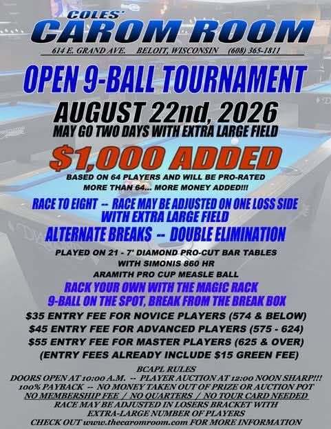 Open 9-Ball Tournament tournament flyer