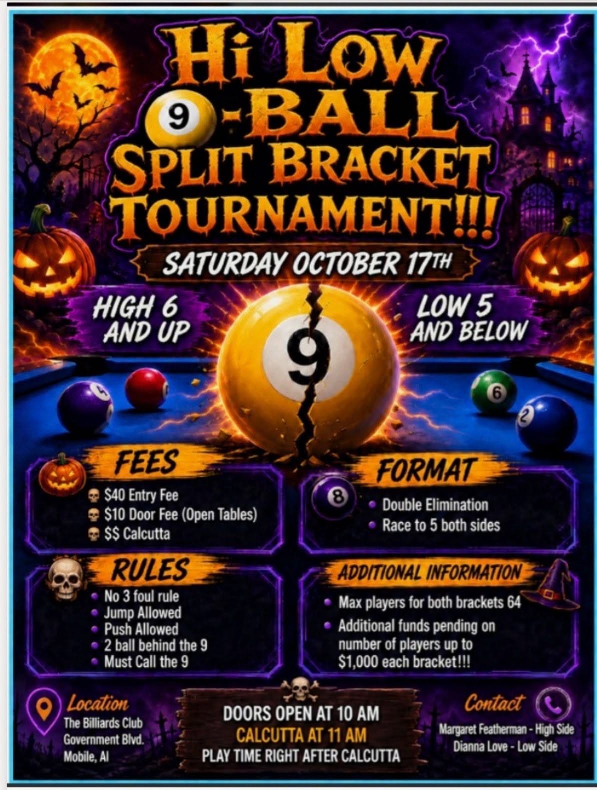 Hi Low 9-Ball Split Bracket Tournament flyer