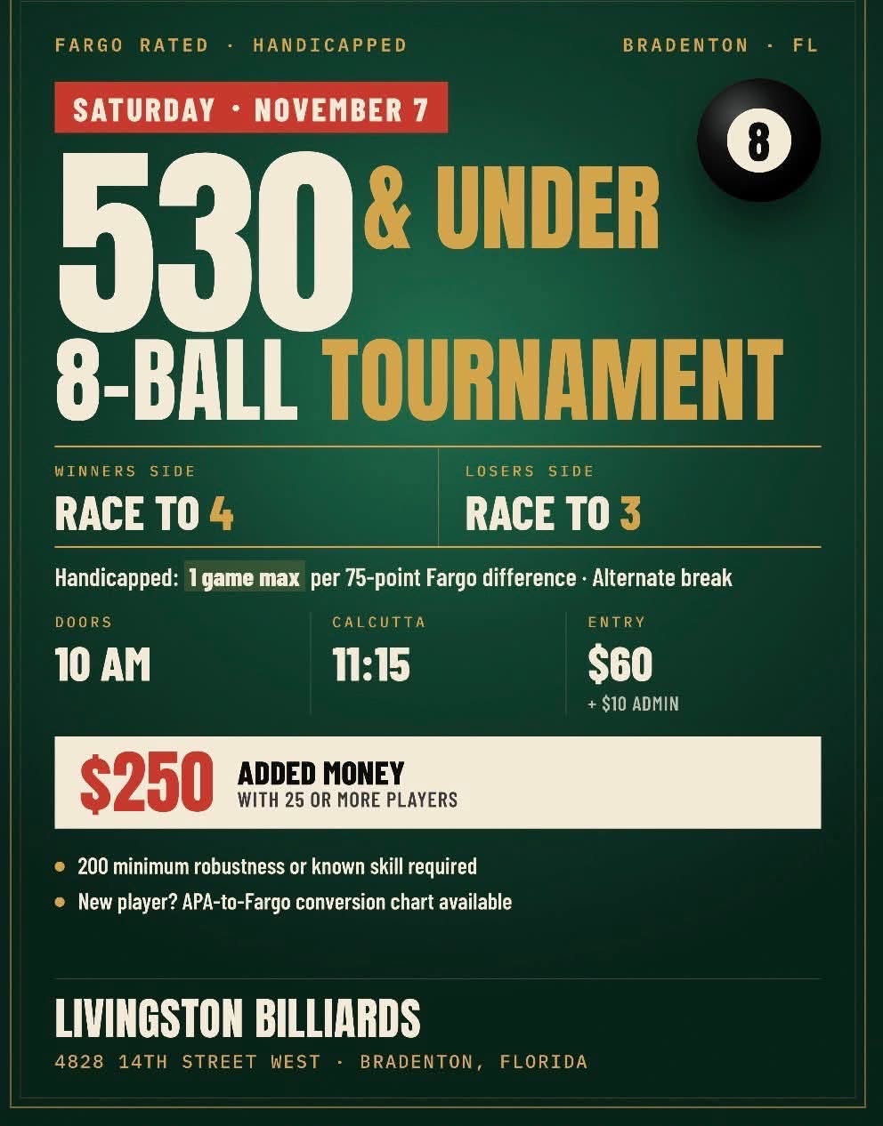 530 & Under 8-Ball Tournament flyer