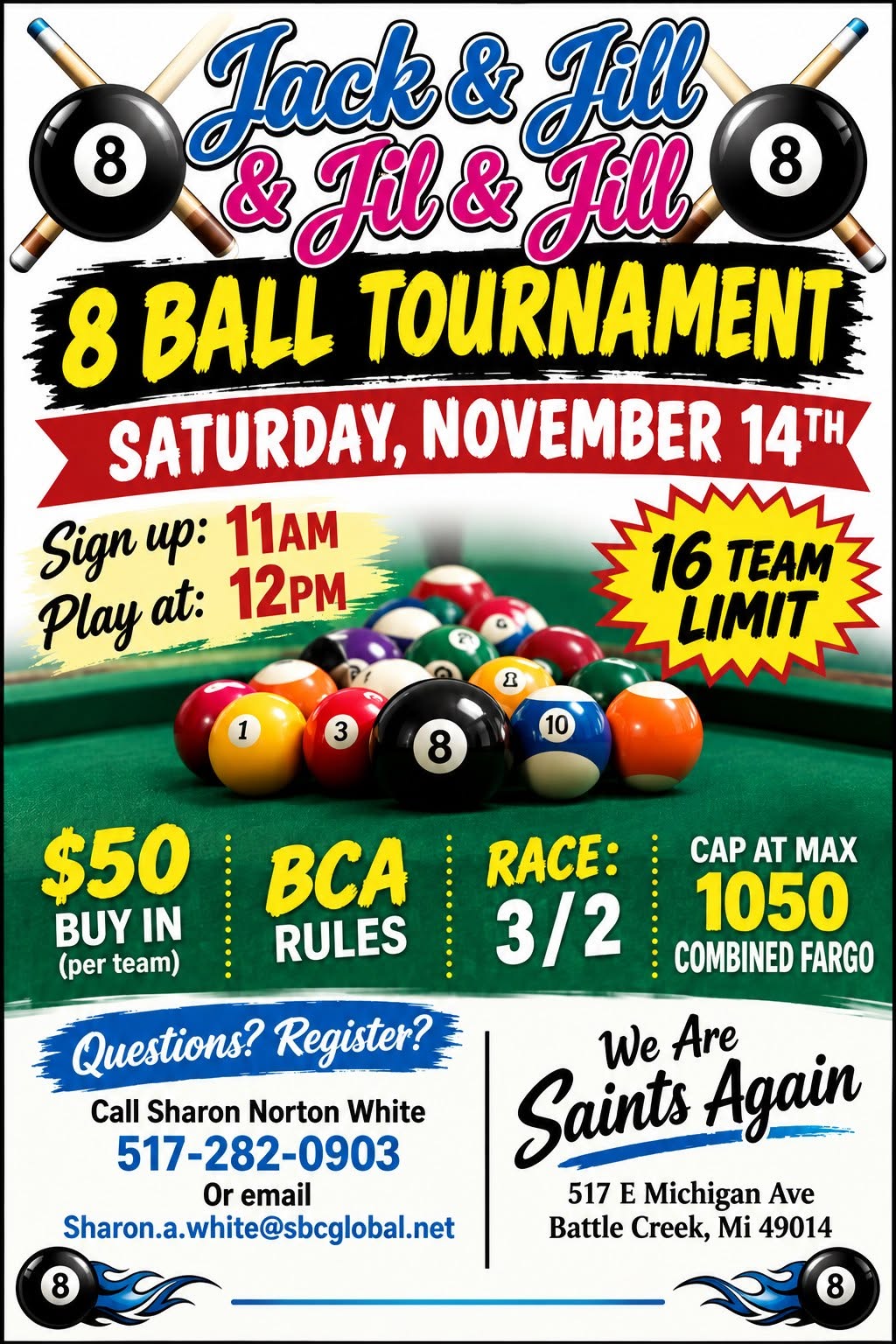 Jack & Jill 8 Ball Tournament flyer