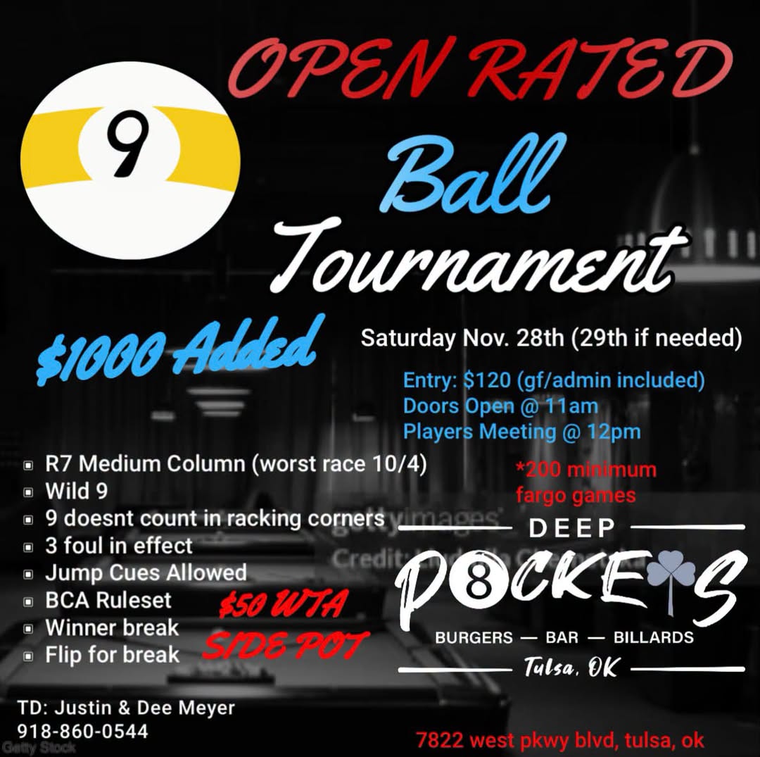Open Rated 9 Ball Tournament flyer