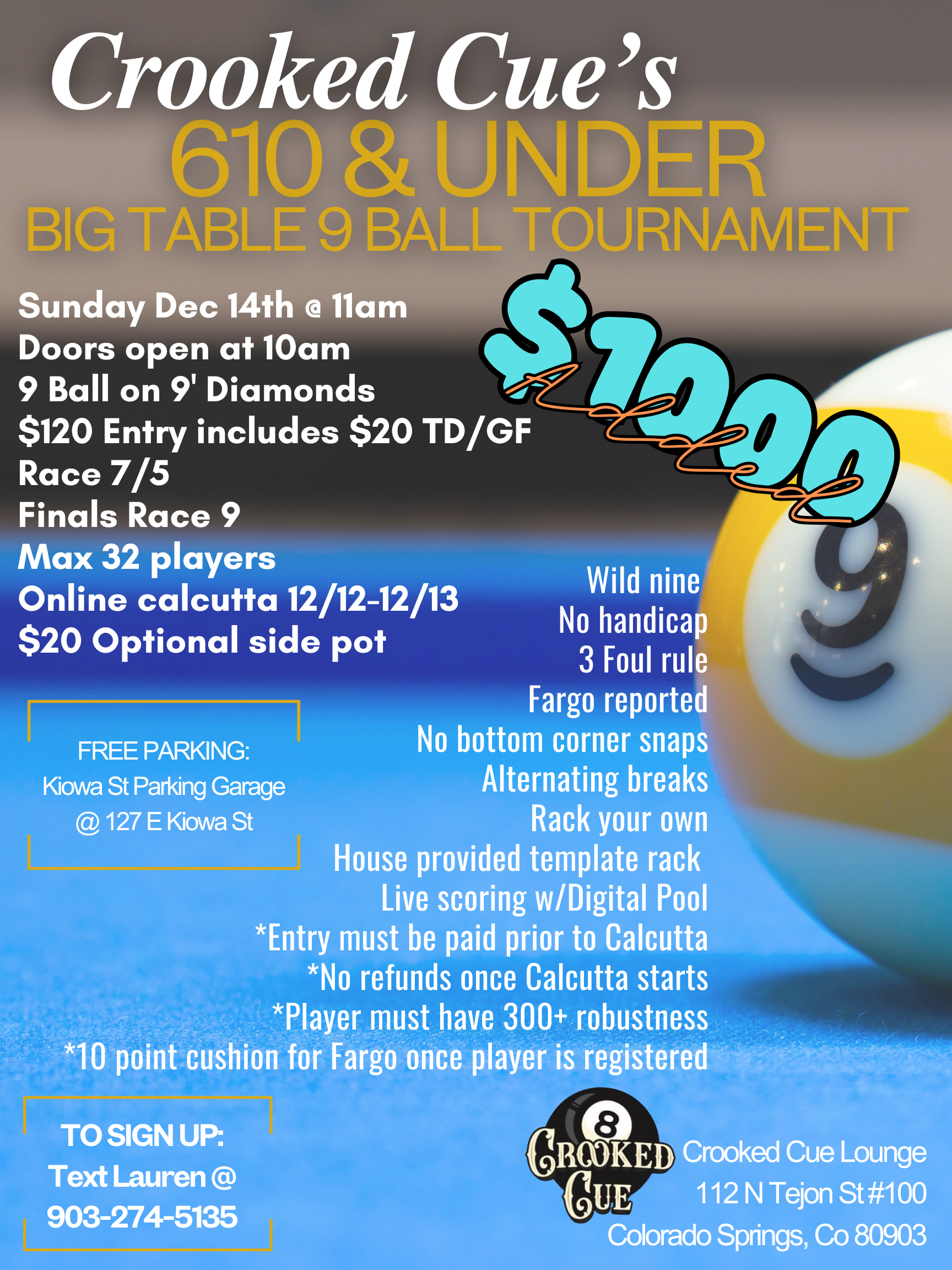 610 & Under Big Table 9 Ball Tournament flyer