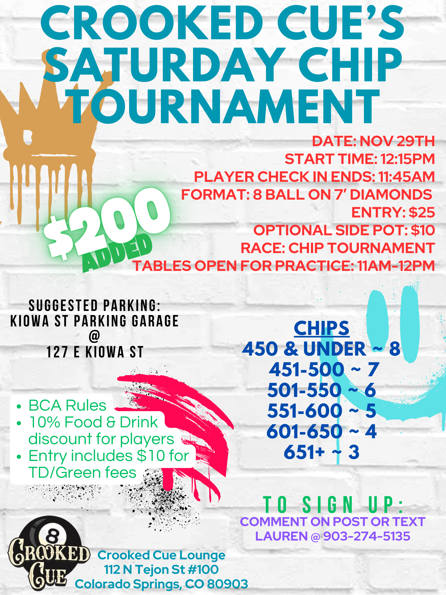 Crooked Cue’s Saturday Chip Tournament flyer