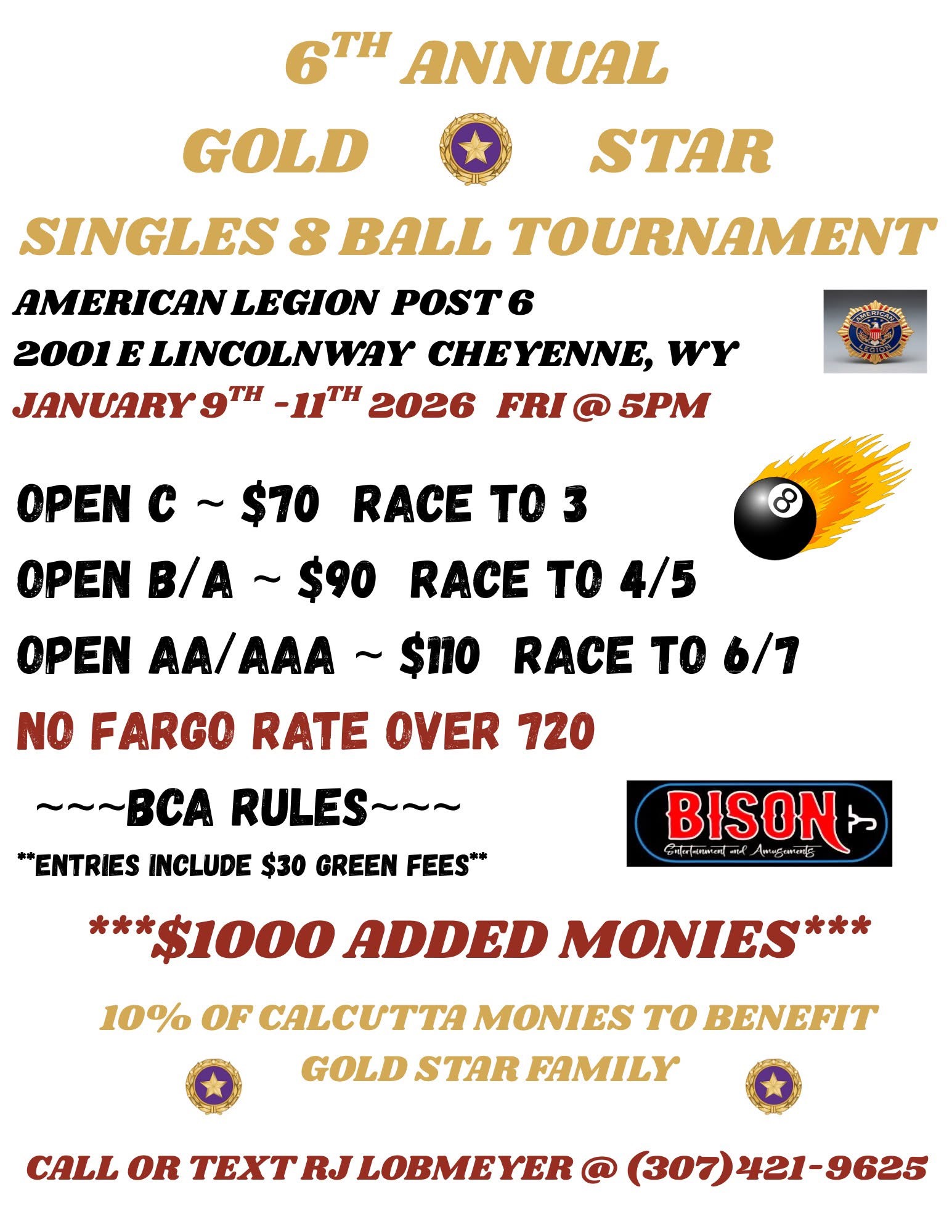 6th Annual Gold Star Singles 8 Ball Tournament flyer