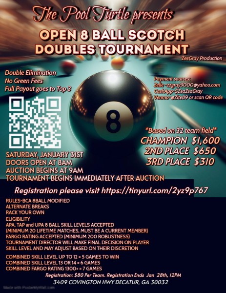 Open 8 Ball Scotch Doubles Tournament flyer