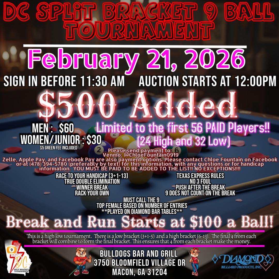 DC Split Bracket 9 Ball Tournament flyer
