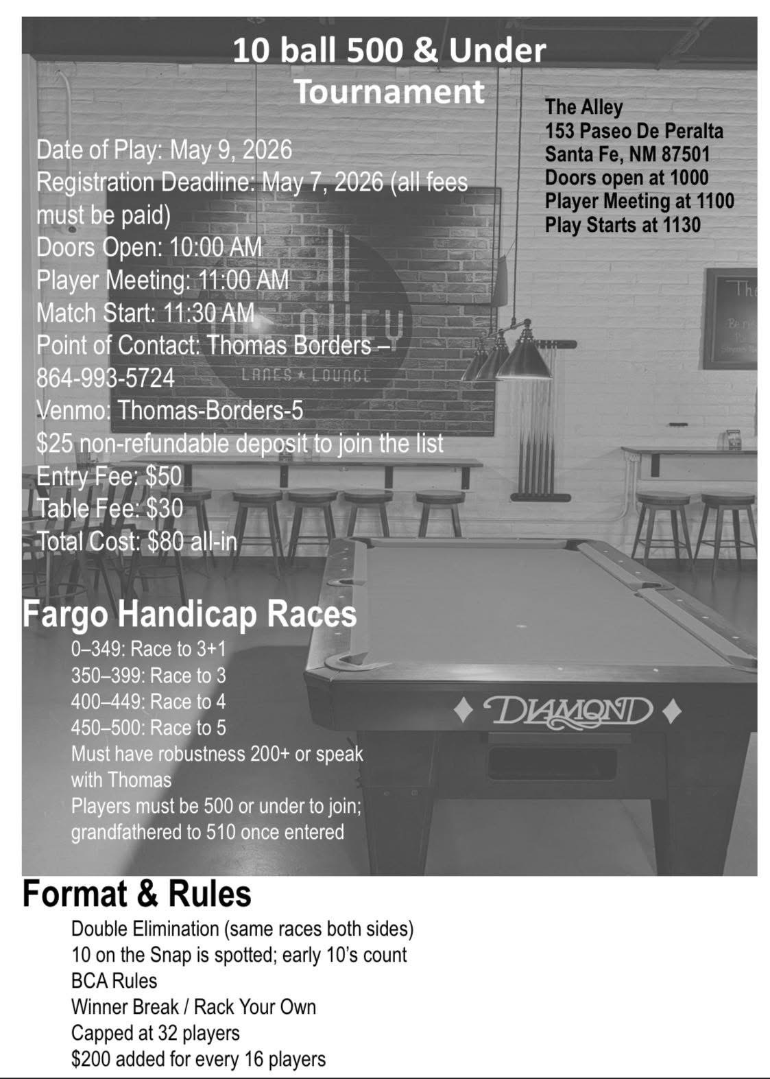 10 Ball 500 & Under Tournament flyer