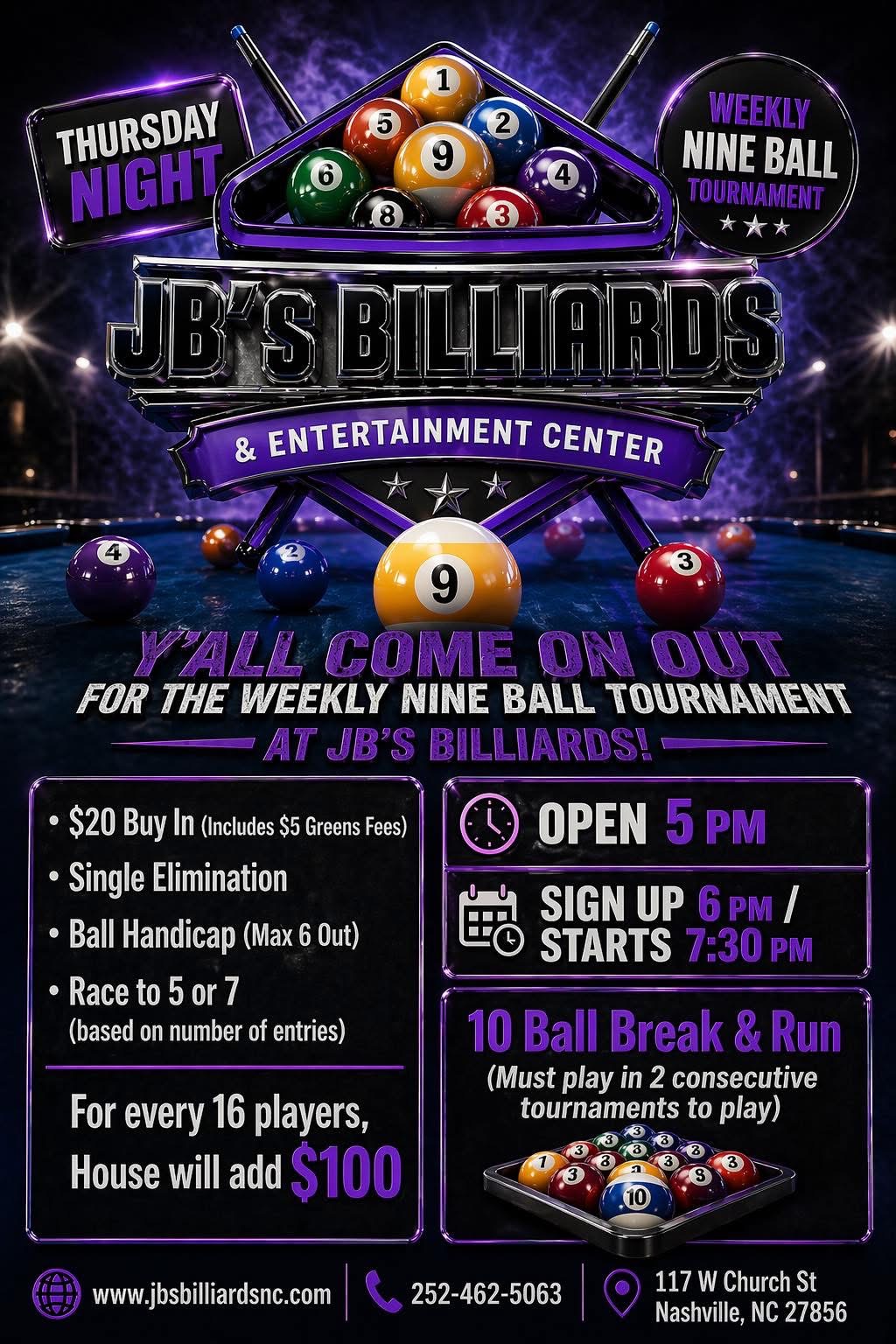 Weekly Nine Ball Tournament flyer
