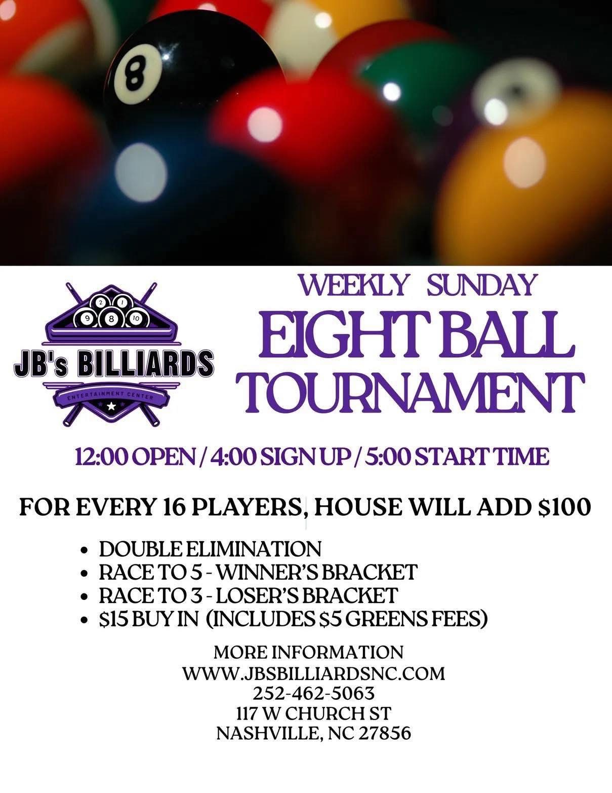 Weekly Sunday Eight Ball Tournament flyer