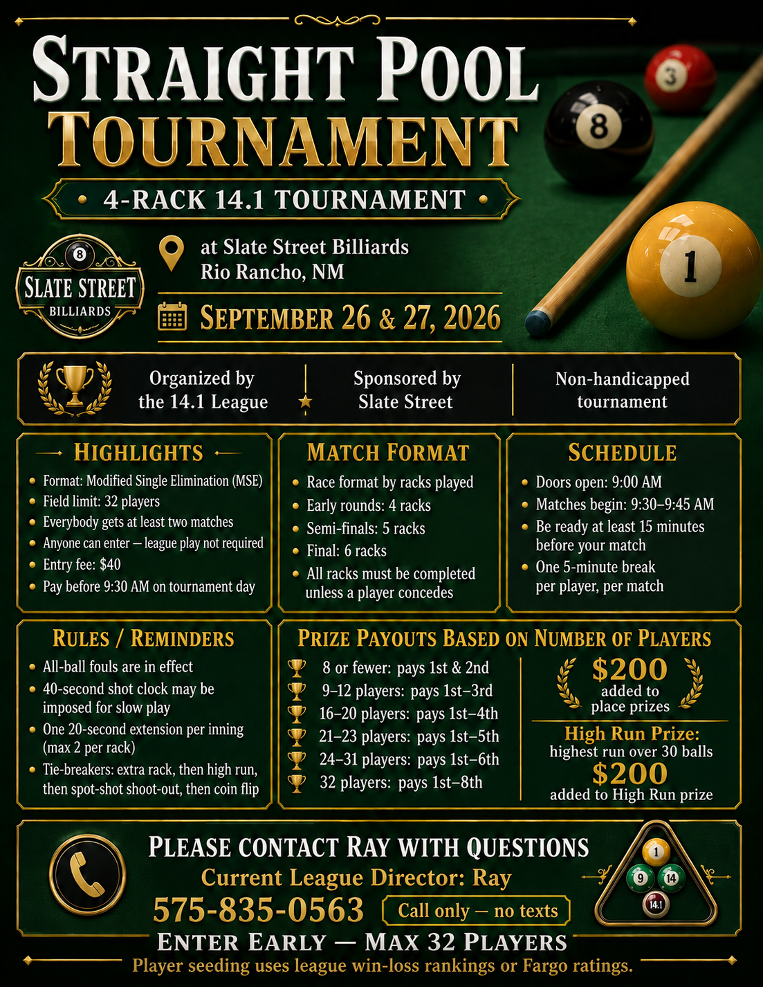 Straight Pool Tournament flyer