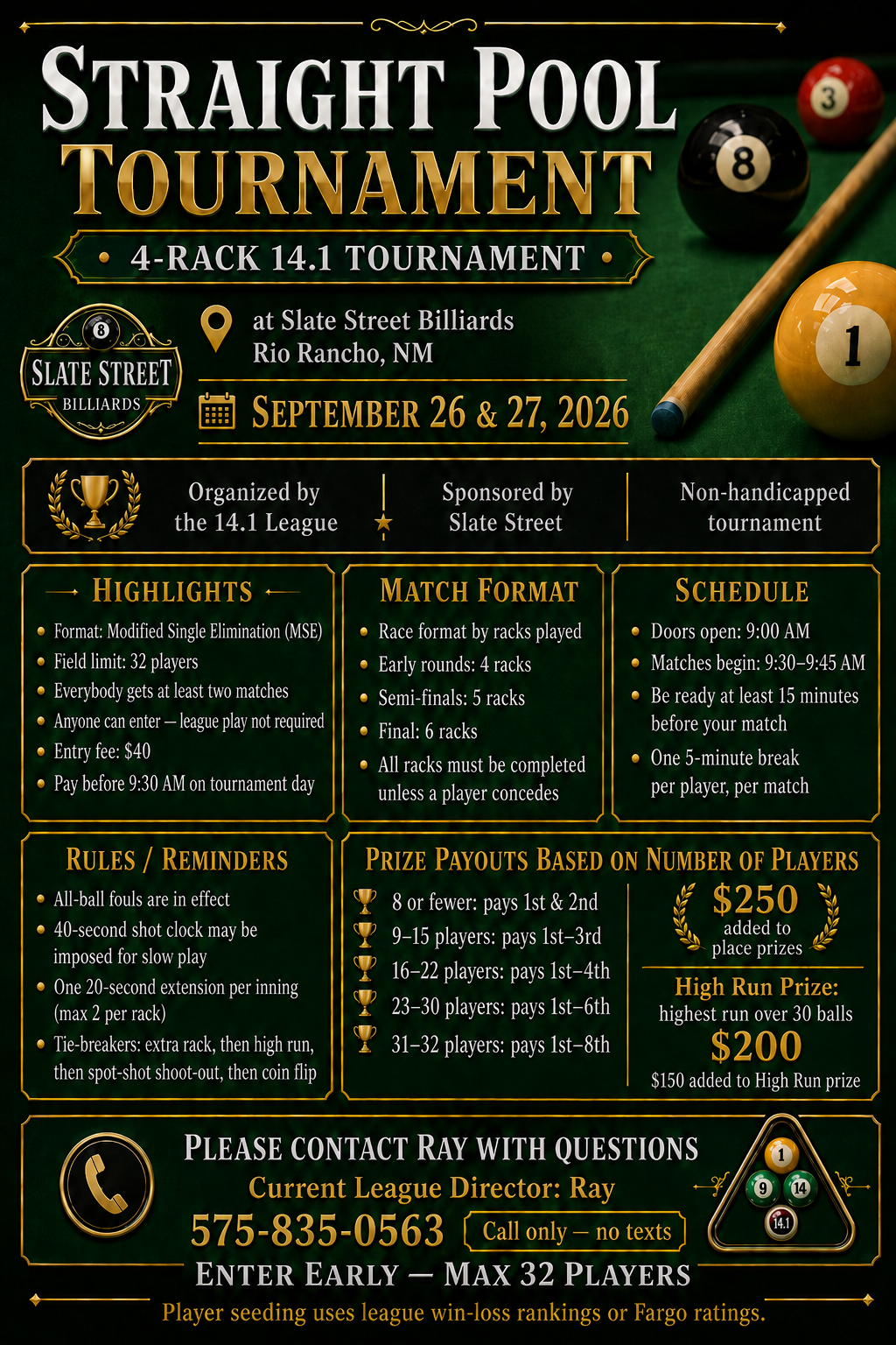 Straight Pool Tournament flyer